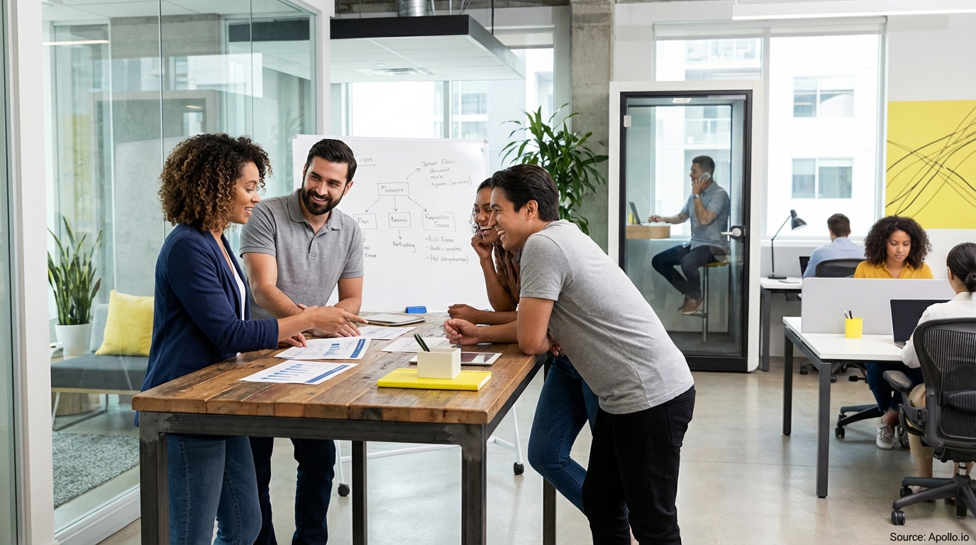 Sales team collaborating in a modern open-plan office in a sales team meeting