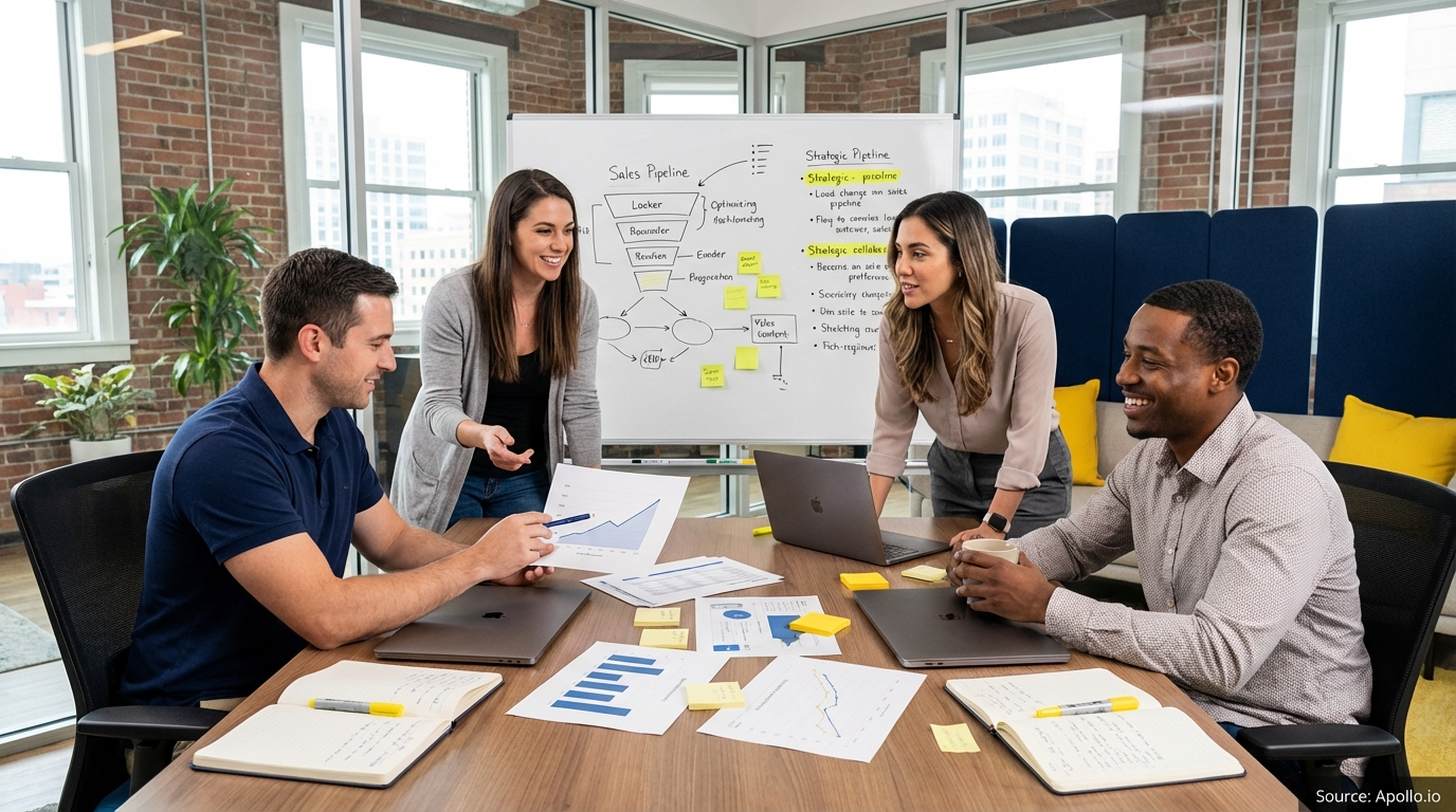 Sales professionals discussing strategy around a conference table in a sales team meeting