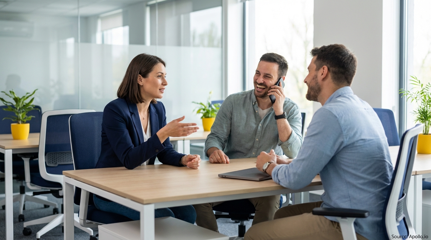 Three colleagues engage in discussion at a modern office table; one laughs on the phone.