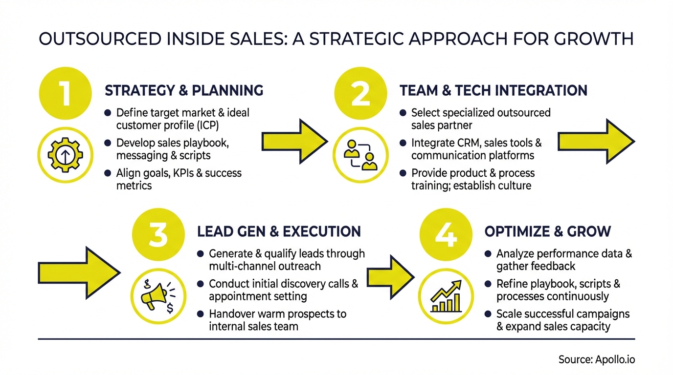 A four-step diagram illustrating the strategic process for outsourced inside sales, with accompanying icons and descriptions.