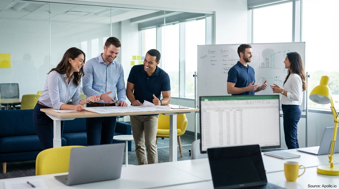 Sales team collaborating in a modern open-plan office in a team planning session