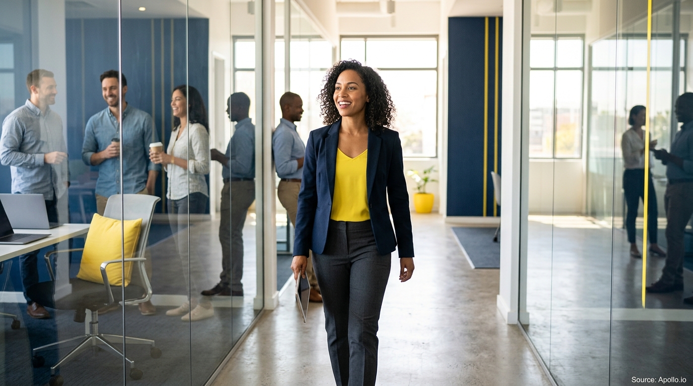 A professional woman walks through a modern office hallway while diverse colleagues converse behind glass walls.