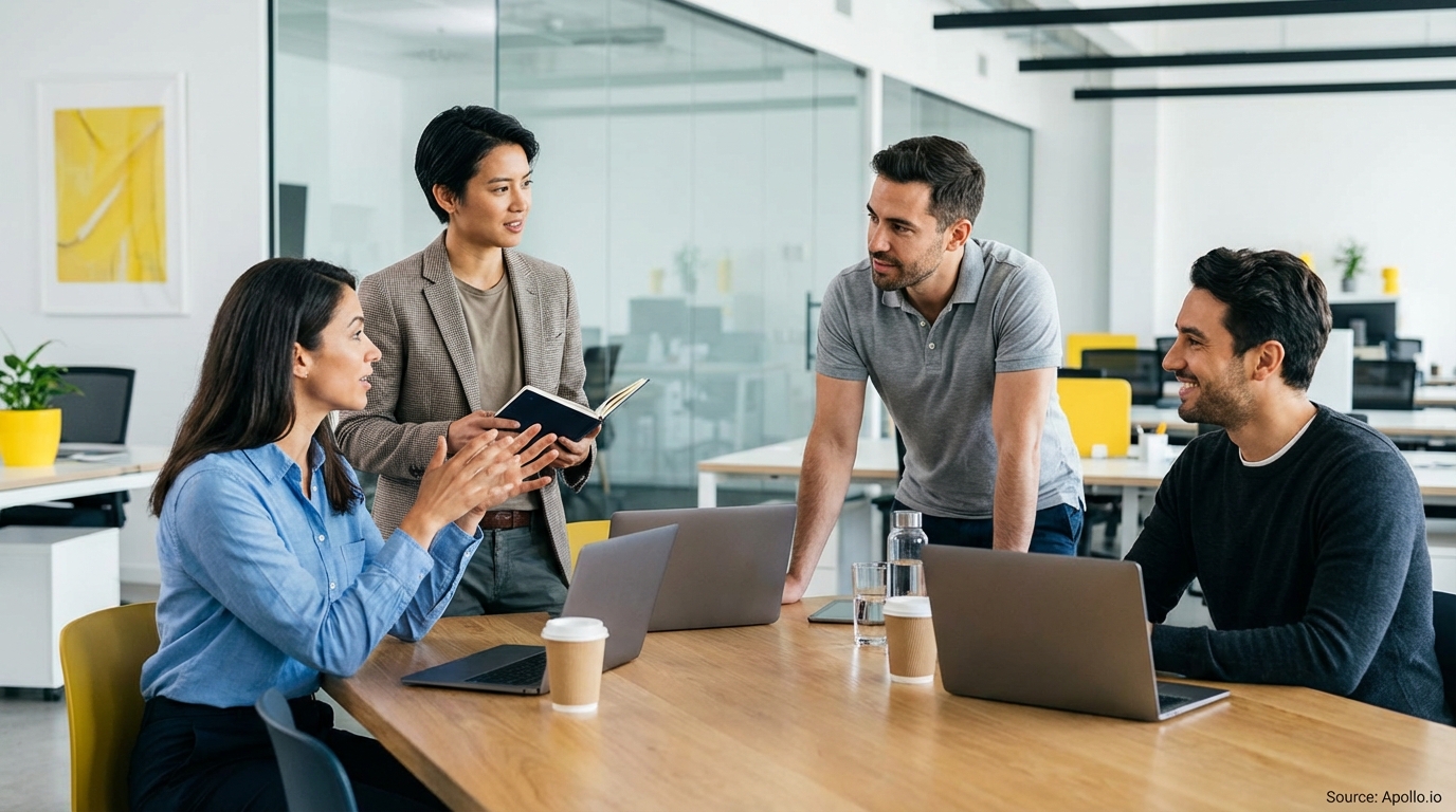 Four diverse professionals discuss at a modern office table with laptops.