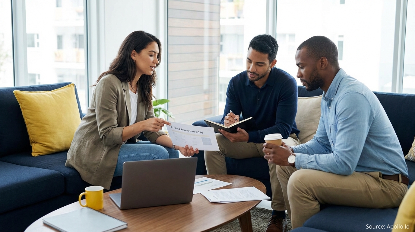 Three people discussing a document titled 'Pricing Overview 2026' in a modern lounge setting.