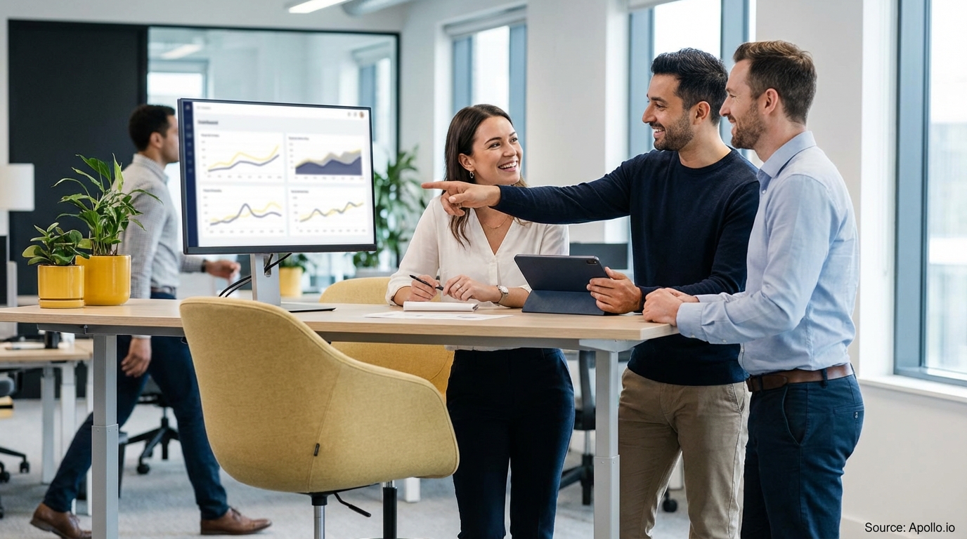 Three business professionals discuss data on a monitor in a modern office, while another walks in the background.