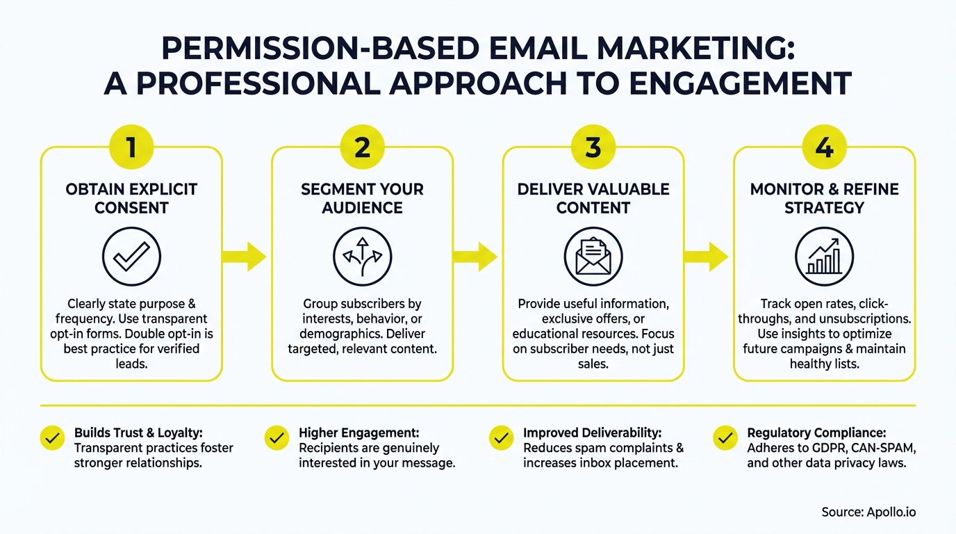 A four-step diagram outlines professional permission-based email marketing with icons and benefits.