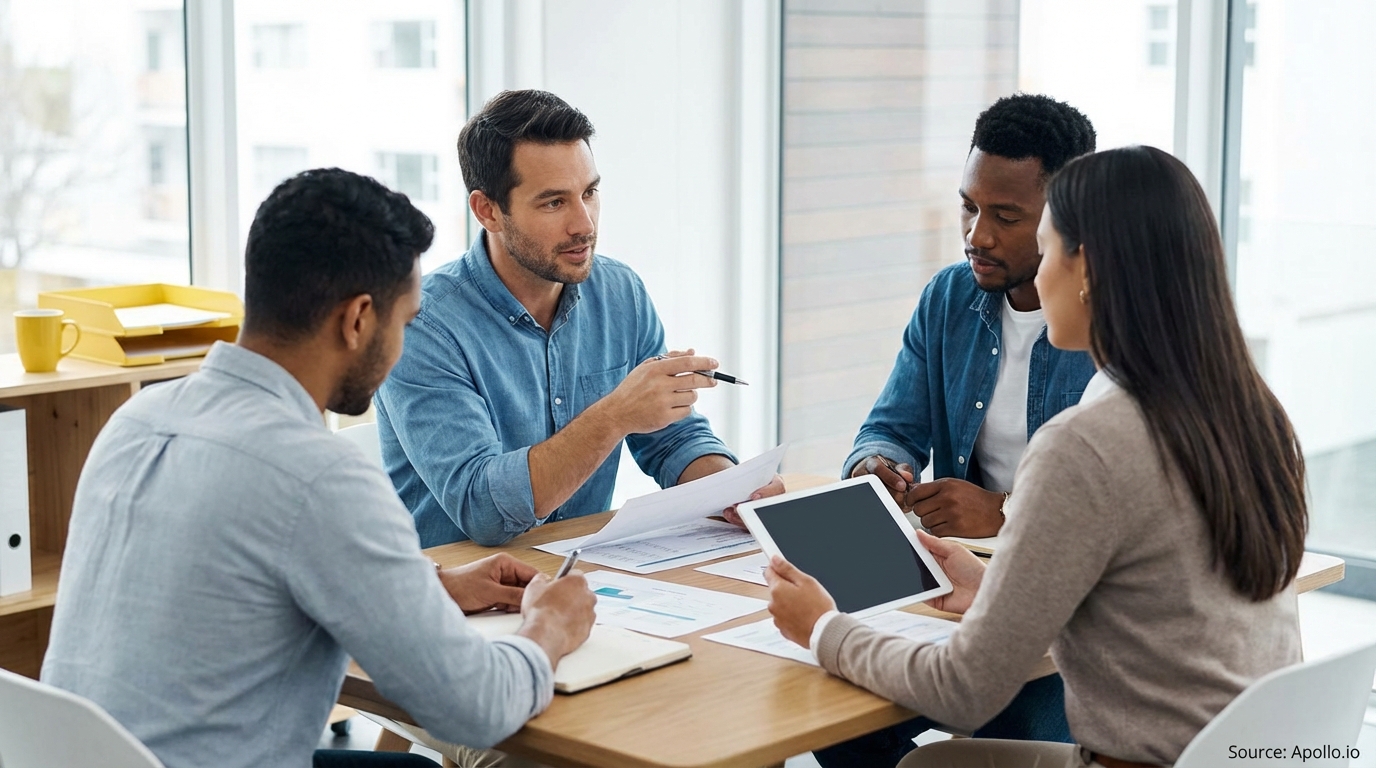 Four diverse business professionals collaborate around a table in a bright modern office.