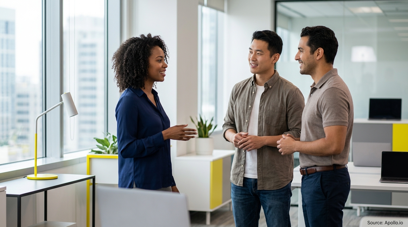 Three professionals stand and converse in a bright, modern office with large windows.