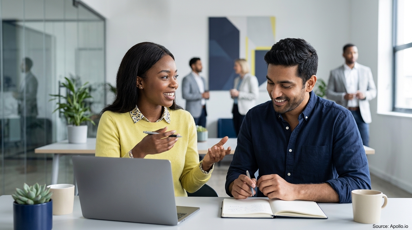 Two professionals collaborate over a laptop in a bright office with colleagues in the background.