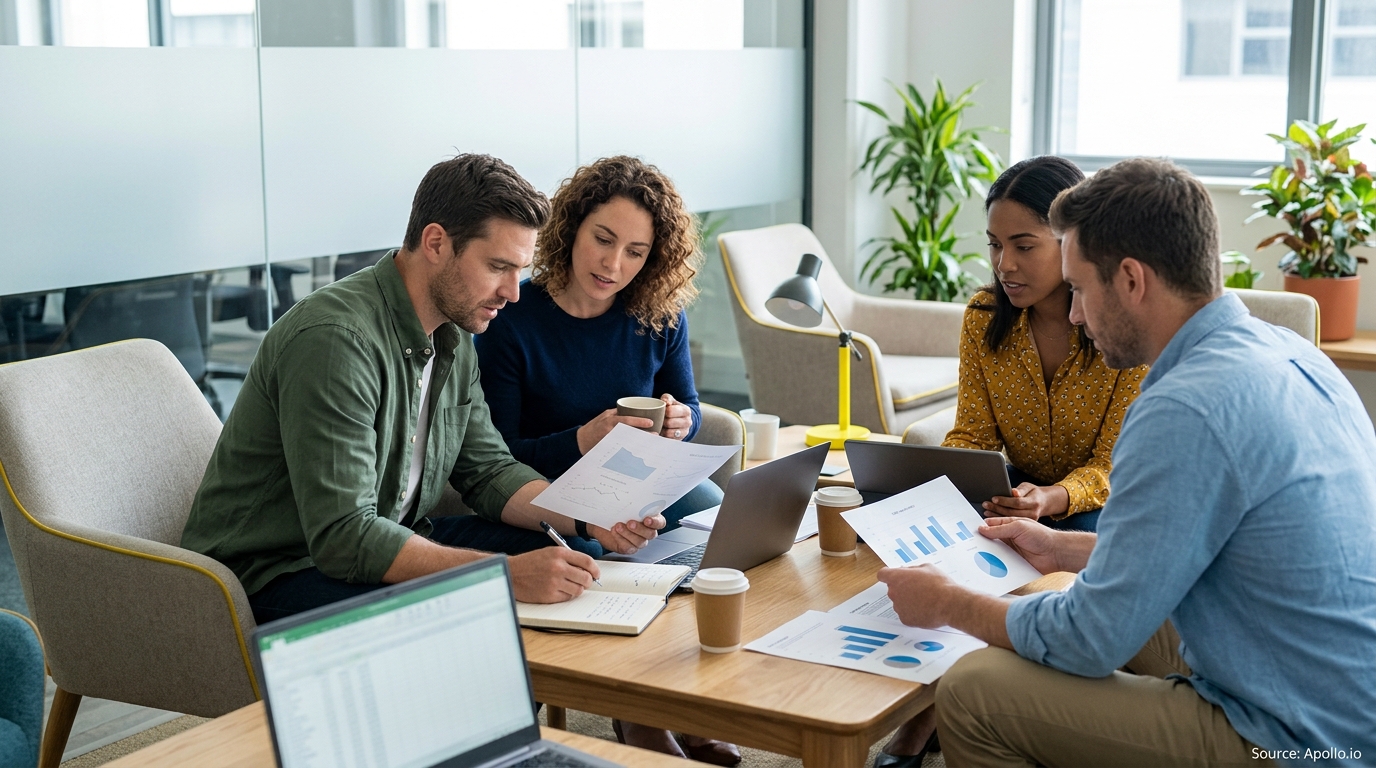 Four professionals review charts and data together while collaborating in a modern office workspace.
