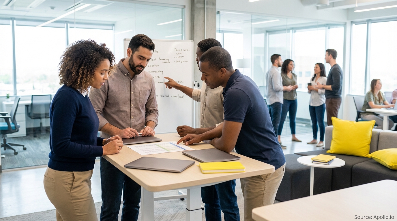 Sales team collaborating in a modern open-plan office in a sales team meeting