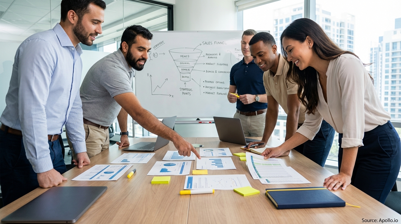 Sales professionals discussing strategy around a conference table in a sales team meeting