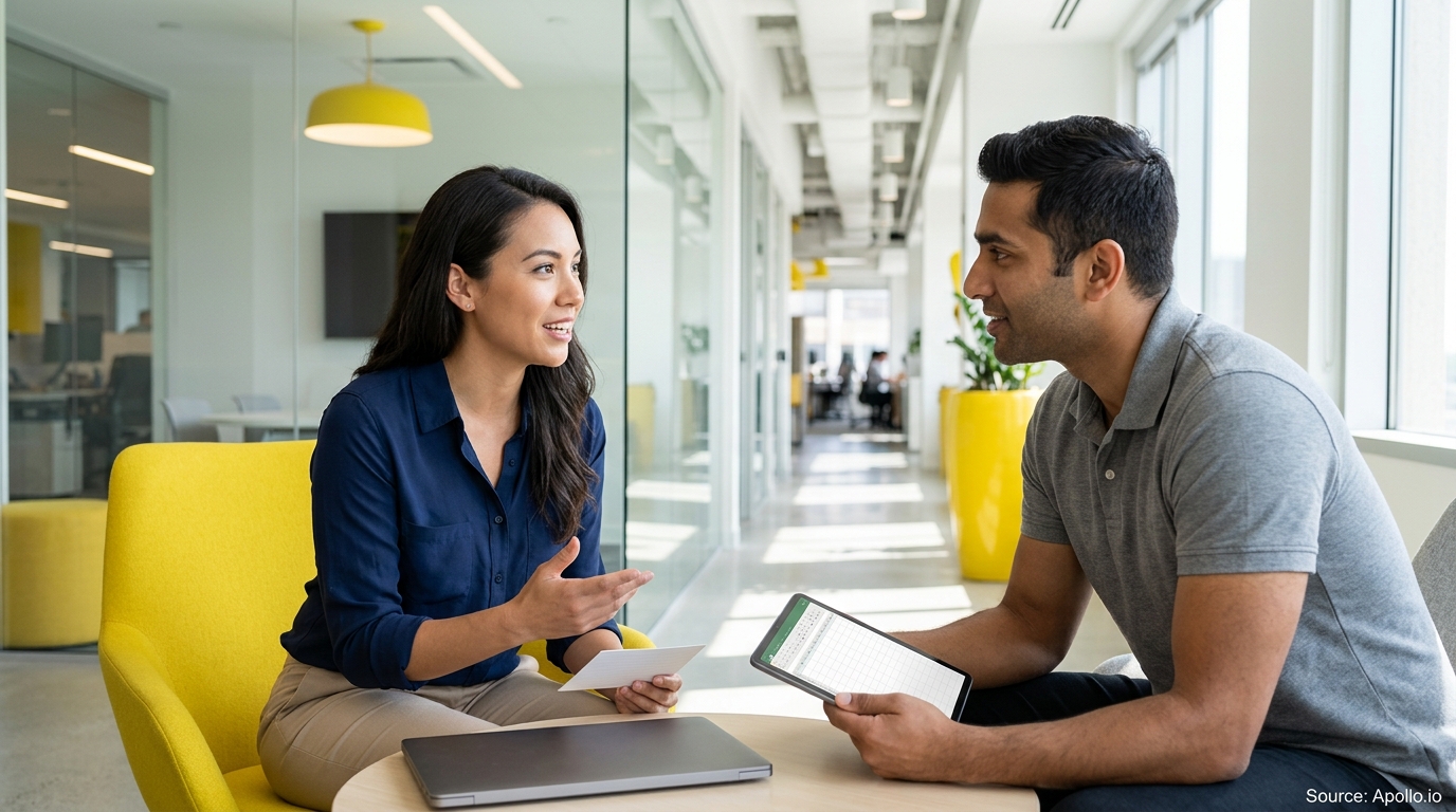 Two professionals discussing work with a tablet and laptop across a small table in a bright, modern office.