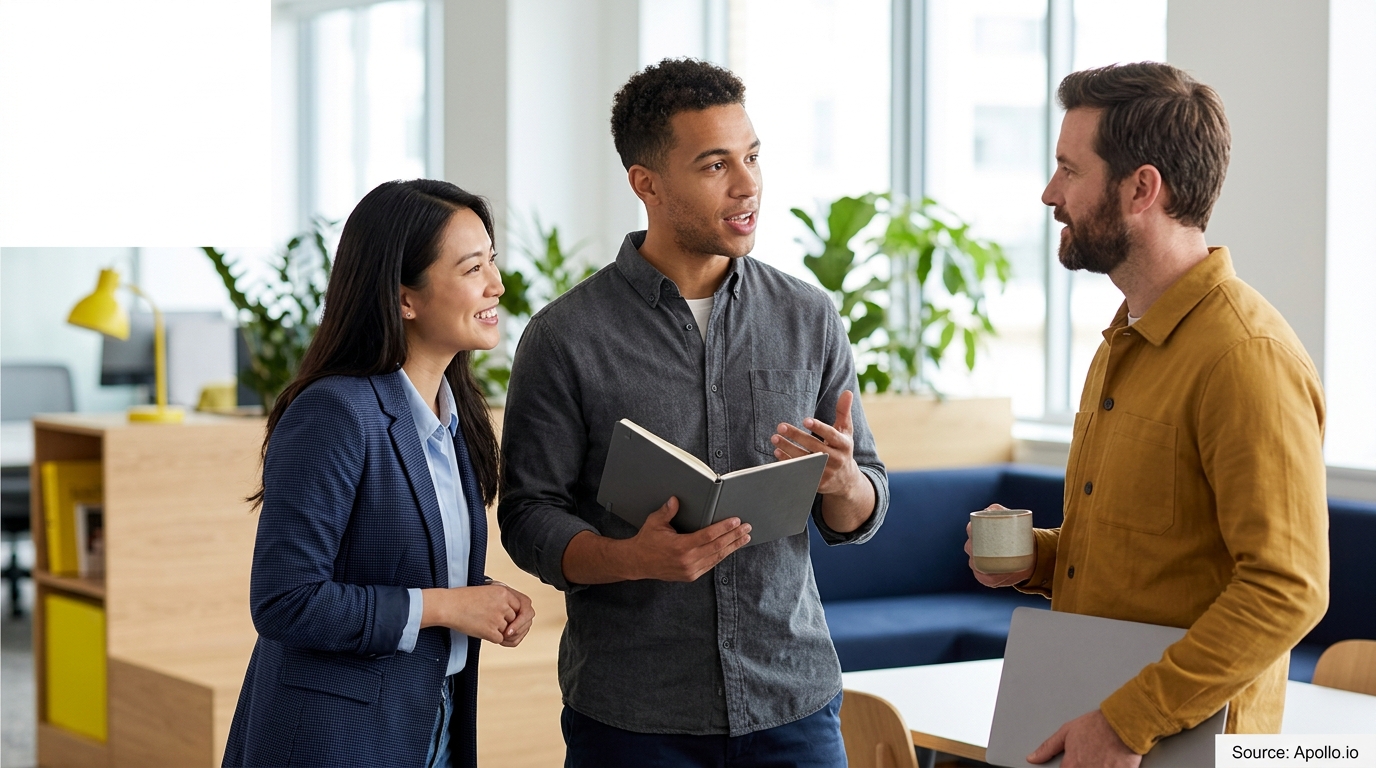 Three colleagues stand in a modern office discussing work while holding an open notebook and a laptop.