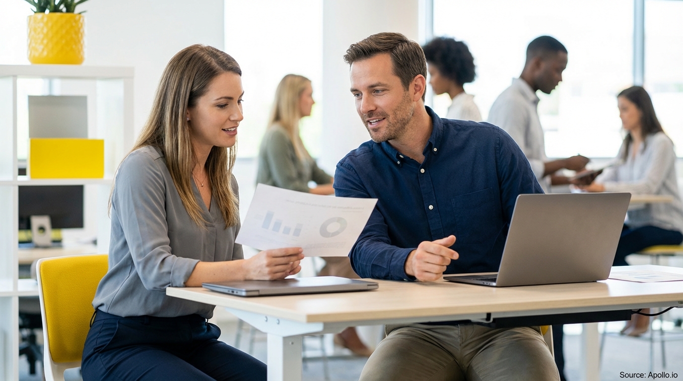 Two professionals discuss charts on a document in a bright office.