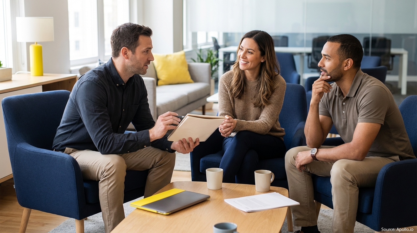 Three professionals discussing at a modern office table with a laptop and papers.