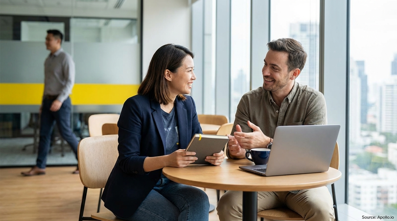 Two smiling professionals discuss at a modern office table; another walks by.