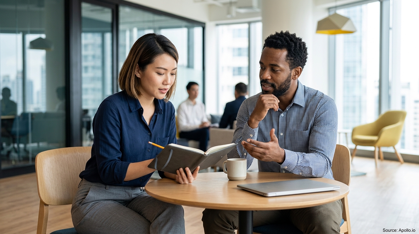 Two professionals collaborate over a notebook while sitting at a table in a modern office.