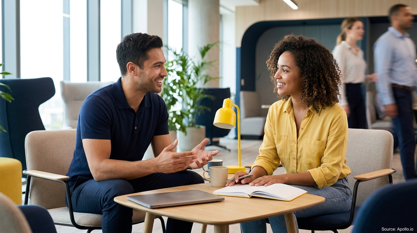 Two professionals talk at a modern office table with a laptop and an open notebook.