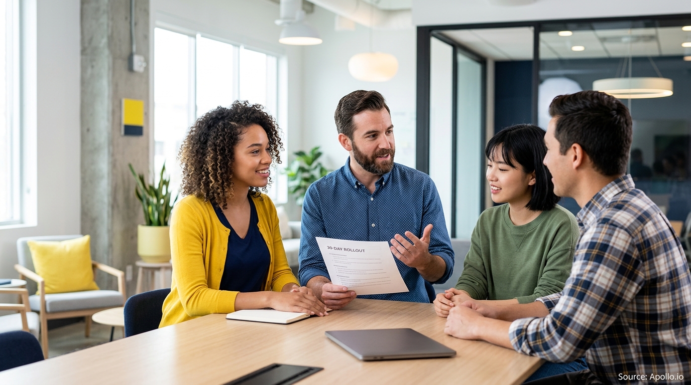 Four diverse professionals discuss a business rollout plan at a wooden table in a bright, modern office.