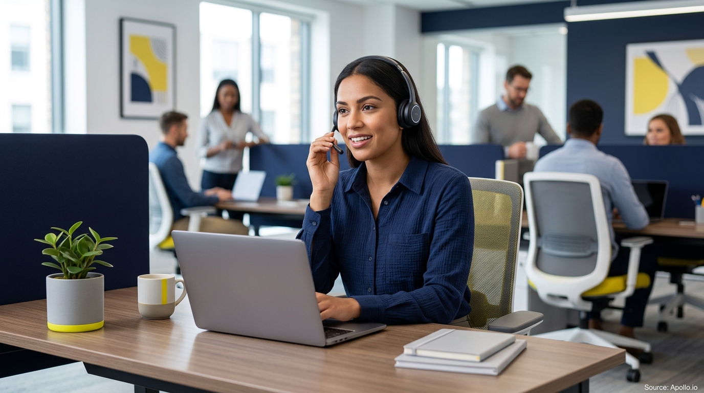 A woman wearing a headset uses a laptop in a modern office with five other professionals working nearby.