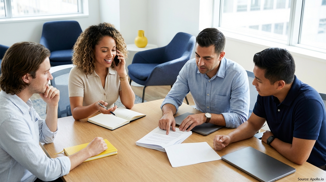 Four professionals in an office meeting, one on phone, one reviewing documents, and two others listening.