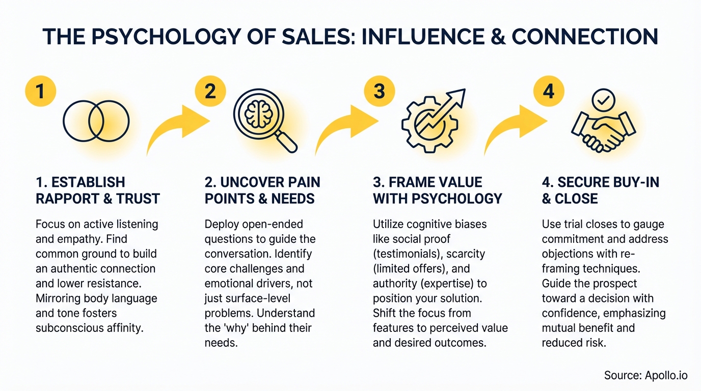 Diagram illustrating four psychological steps for sales influence, with icons and descriptions.