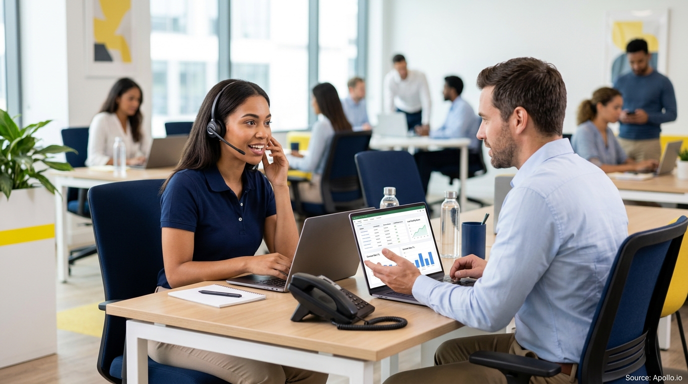 Diverse professionals work in a bright office while a woman in a headset reviews data on a laptop.