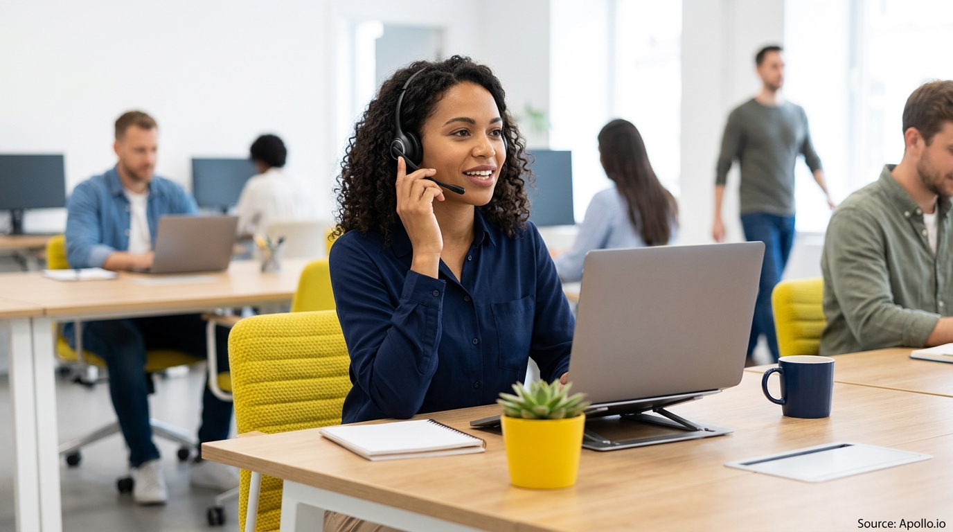 A woman wearing a headset works on a laptop in a bright office with five other colleagues.