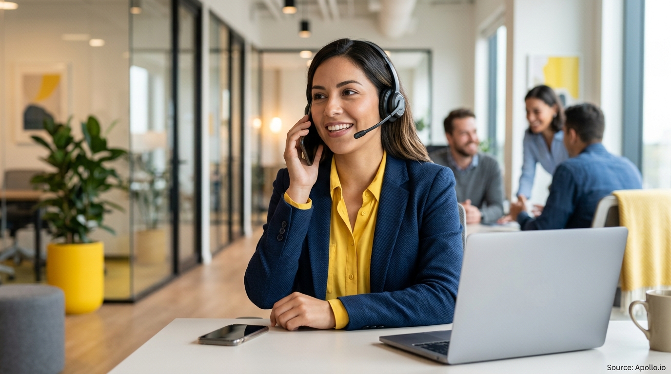 A smiling businesswoman wears a headset while talking on her phone at a desk in a modern office.