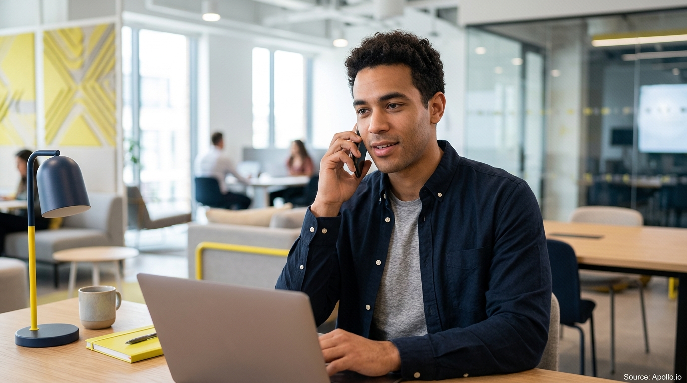 A professional man speaks on the phone while working on a laptop in a bright, modern office.