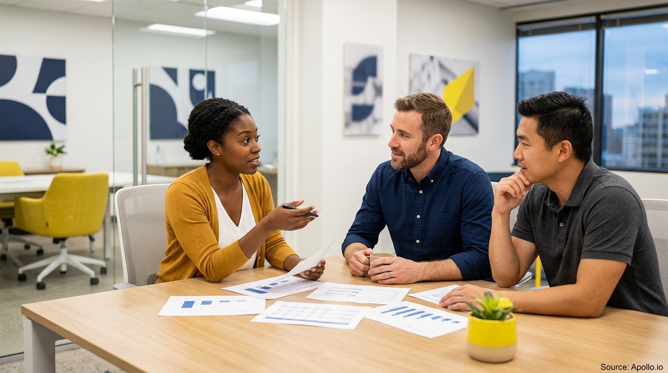 Three professionals review charts and documents during a meeting at a wooden table in a modern office.