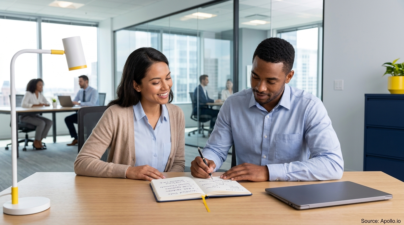 Two colleagues collaborate at a desk, reviewing a notebook together in a bright, modern office environment.