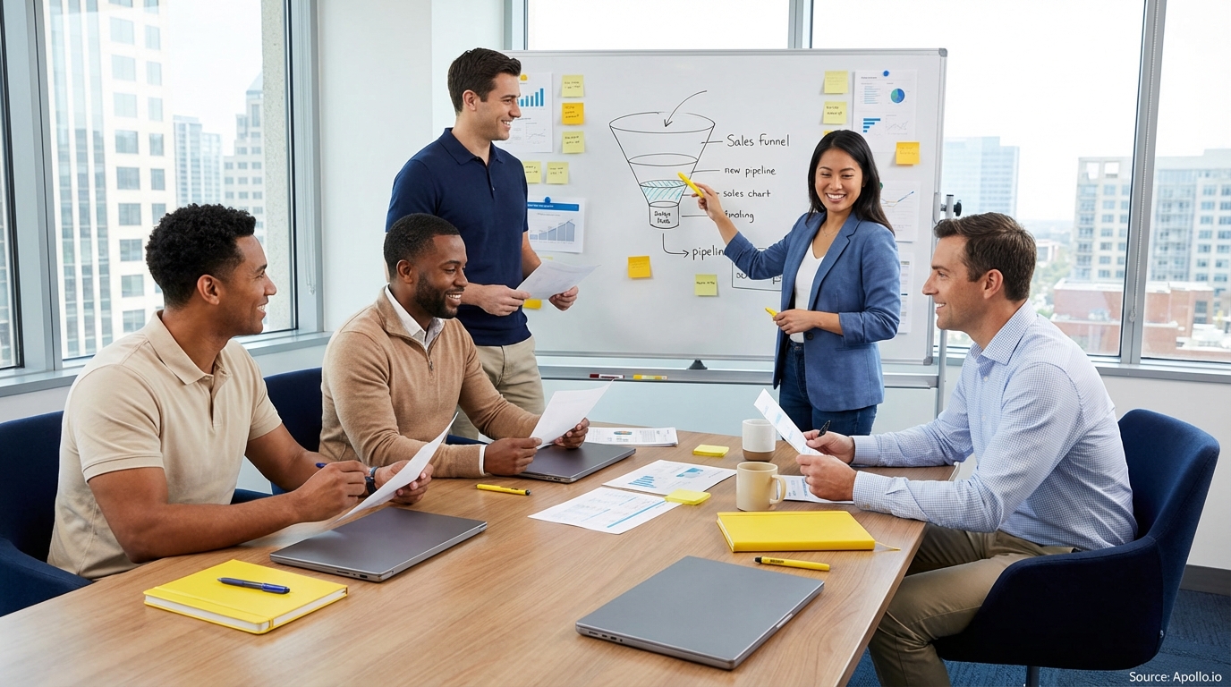Sales professionals discussing strategy around a conference table in a team planning session