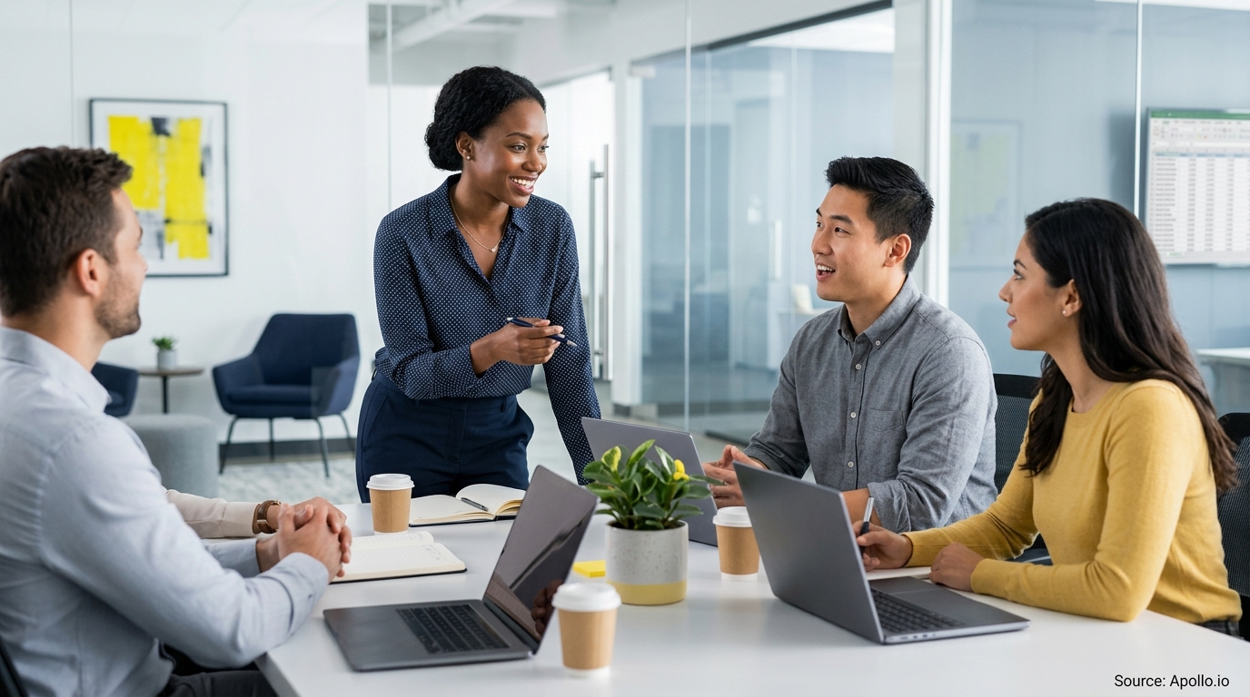 Four professionals collaborate and discuss strategy around a conference table in a modern, bright office.