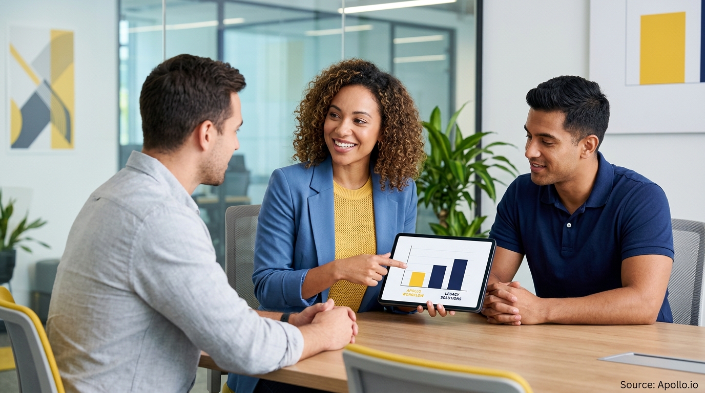 Three professionals discuss a comparative bar graph on a tablet at a modern office table.