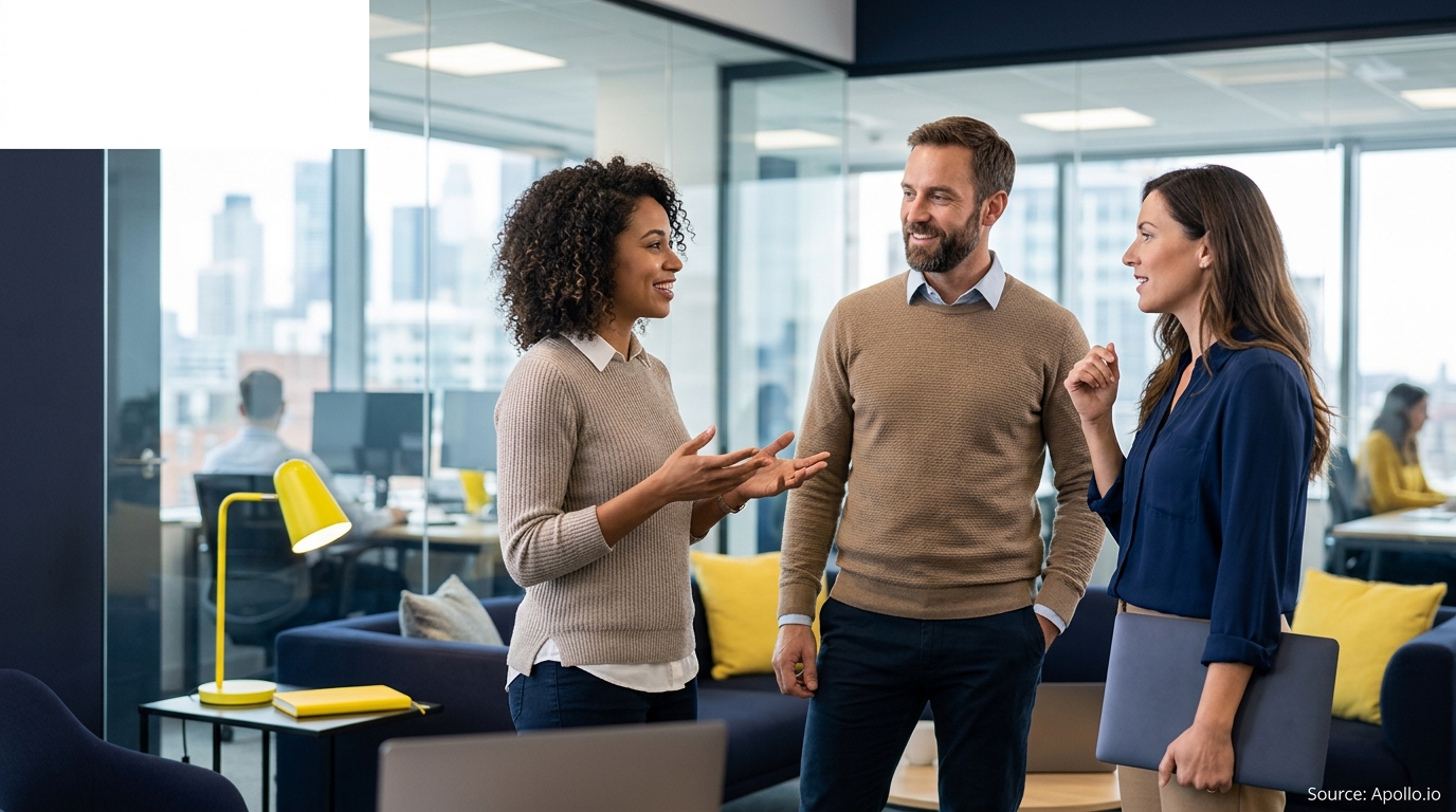 Three professionals converse in a bright, modern glass-walled office with a city skyline background.
