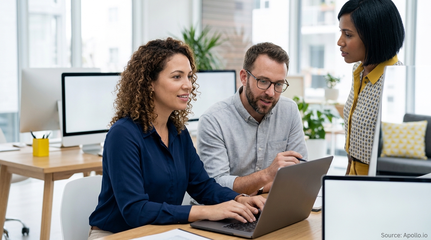 Three colleagues collaborate around a laptop at a desk in a bright, modern office space.