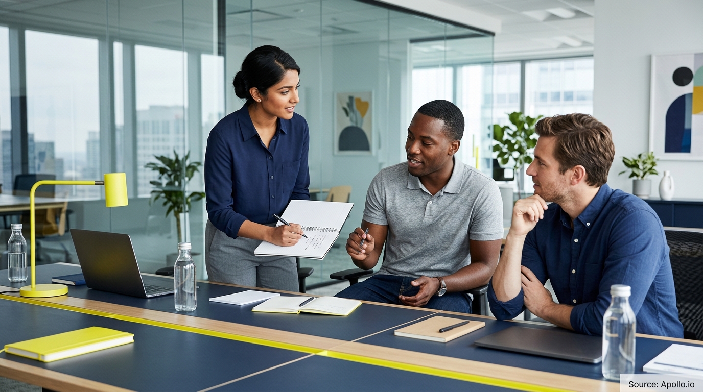 Three professionals collaborate and review notes at a conference table in a bright, modern office.