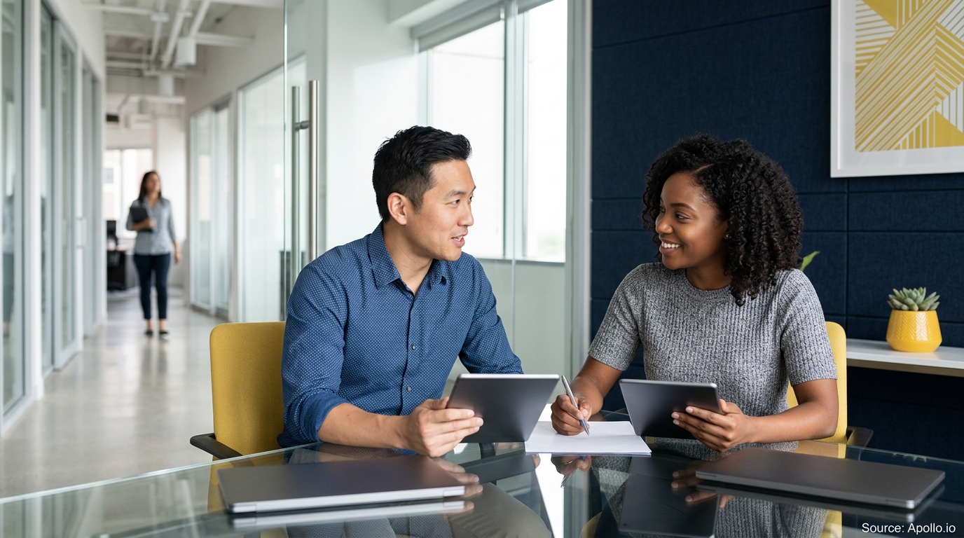 Two professionals collaborate with tablets and a notepad at a modern glass office table.