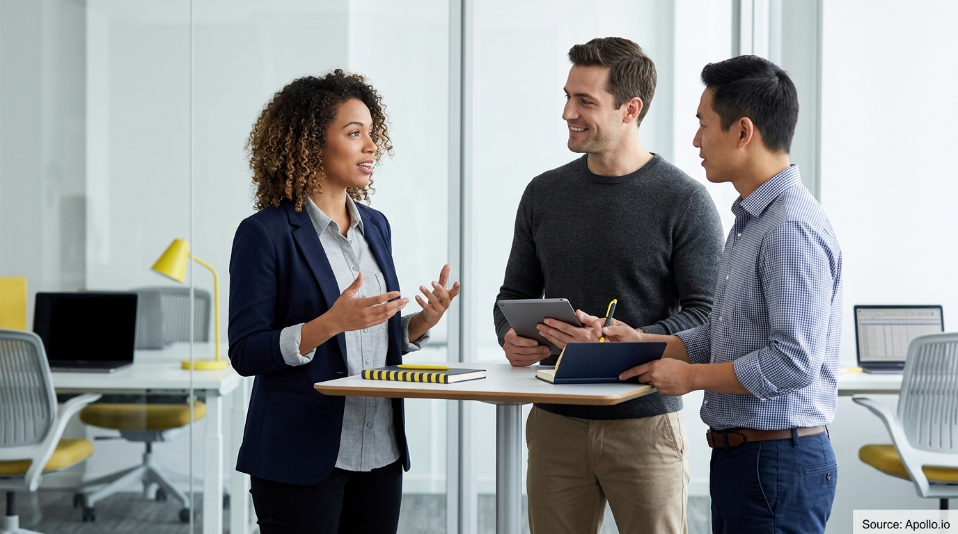 Three professionals collaborate and discuss ideas around a standing table in a bright, modern office.