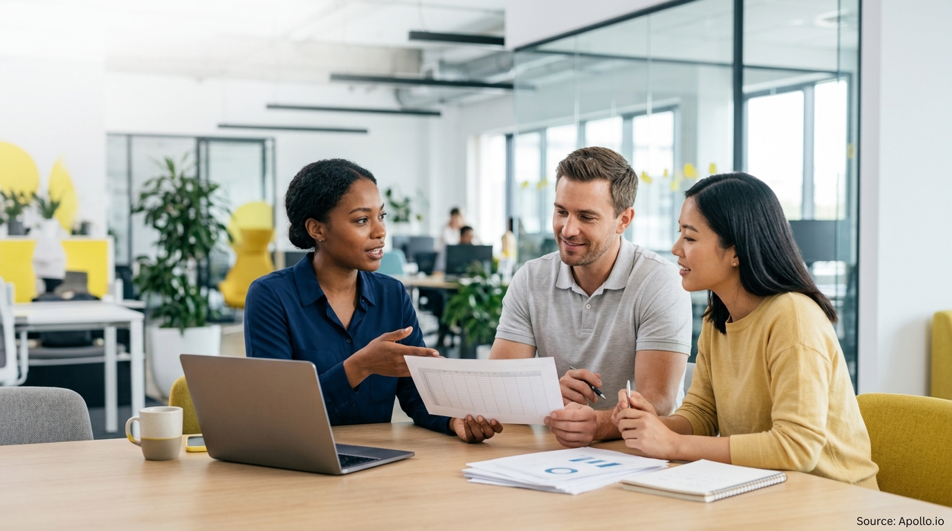 Three professionals discuss documents and a laptop while seated at a table in a bright, modern office.
