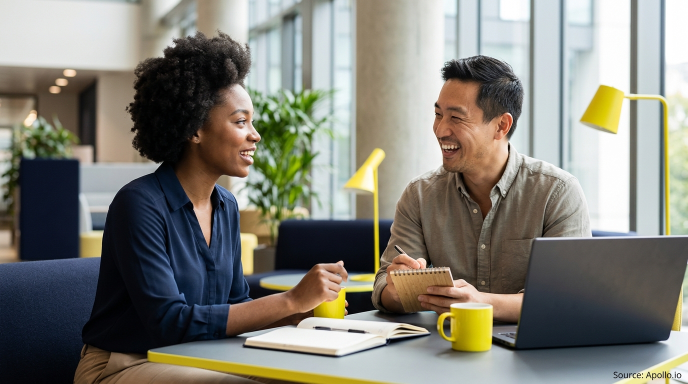 Two professionals talk and laugh while working at a table with a laptop in a modern office.