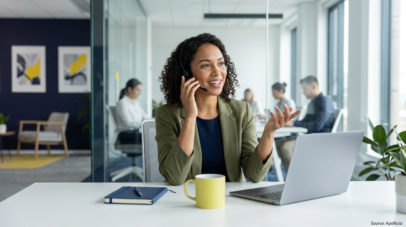 A woman wearing a headset talks at her laptop in a modern office with four colleagues nearby.