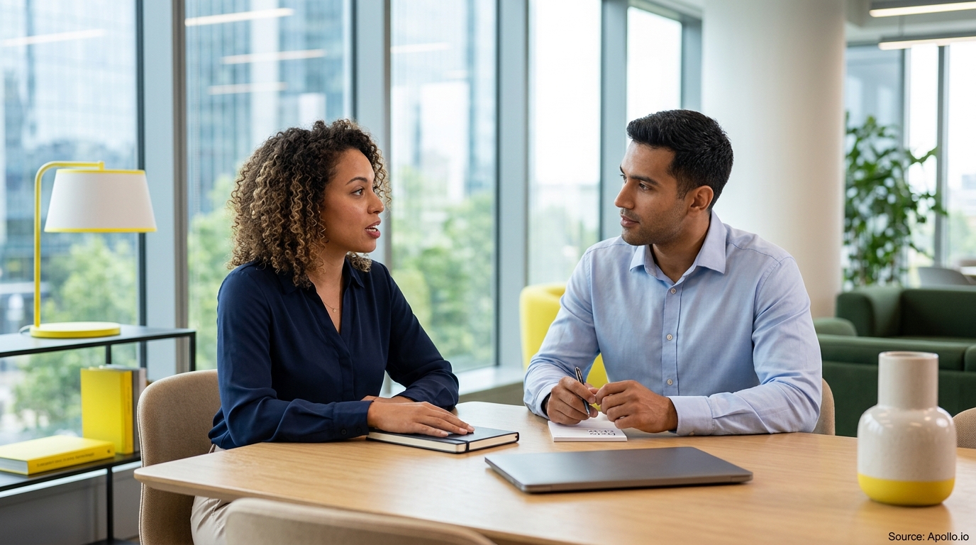 Two professionals discuss notes and prepare for a meeting at a modern office table with a laptop.