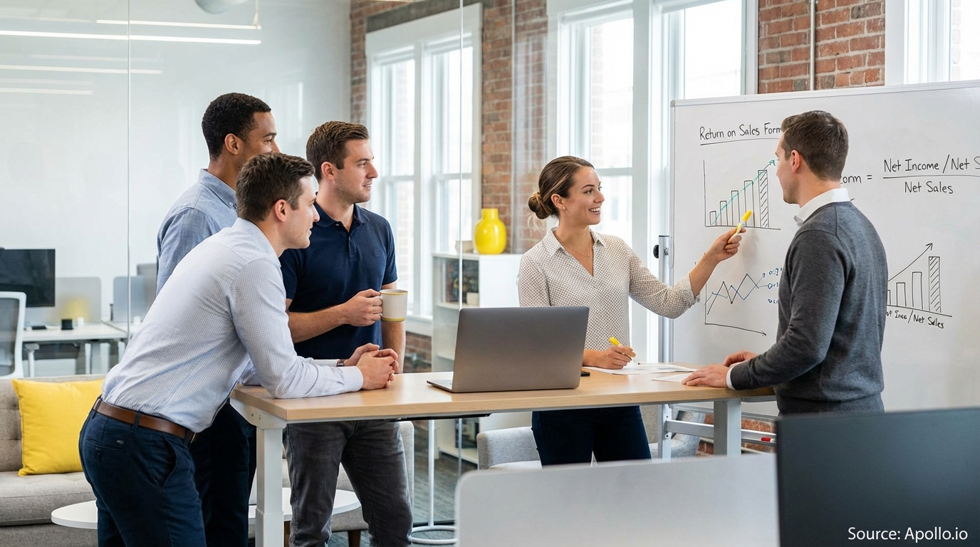 Sales team collaborating in a modern open-plan office in a sales team meeting