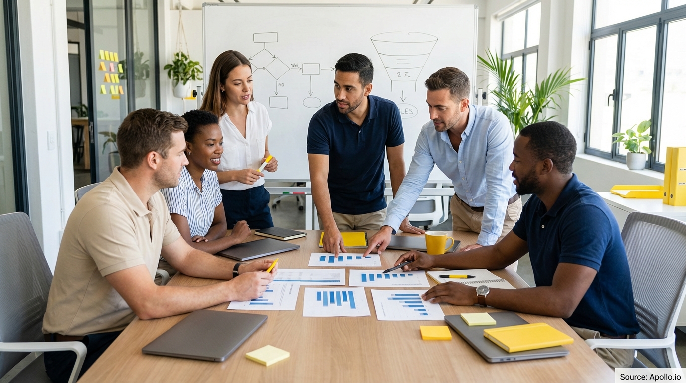 Sales professionals discussing strategy around a conference table in a sales team meeting