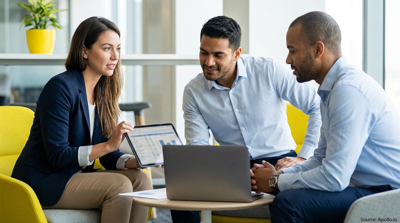 Three professionals review charts on a tablet and laptop in a modern office setting.