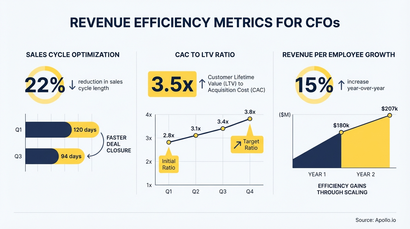Infographic presenting three business efficiency charts: sales cycle, customer value, and employee revenue.