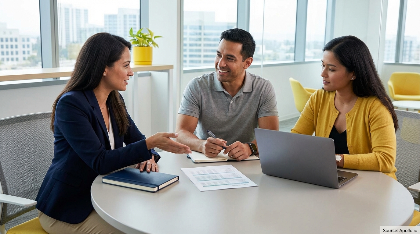Three people collaborate at a bright office table with a laptop and documents.